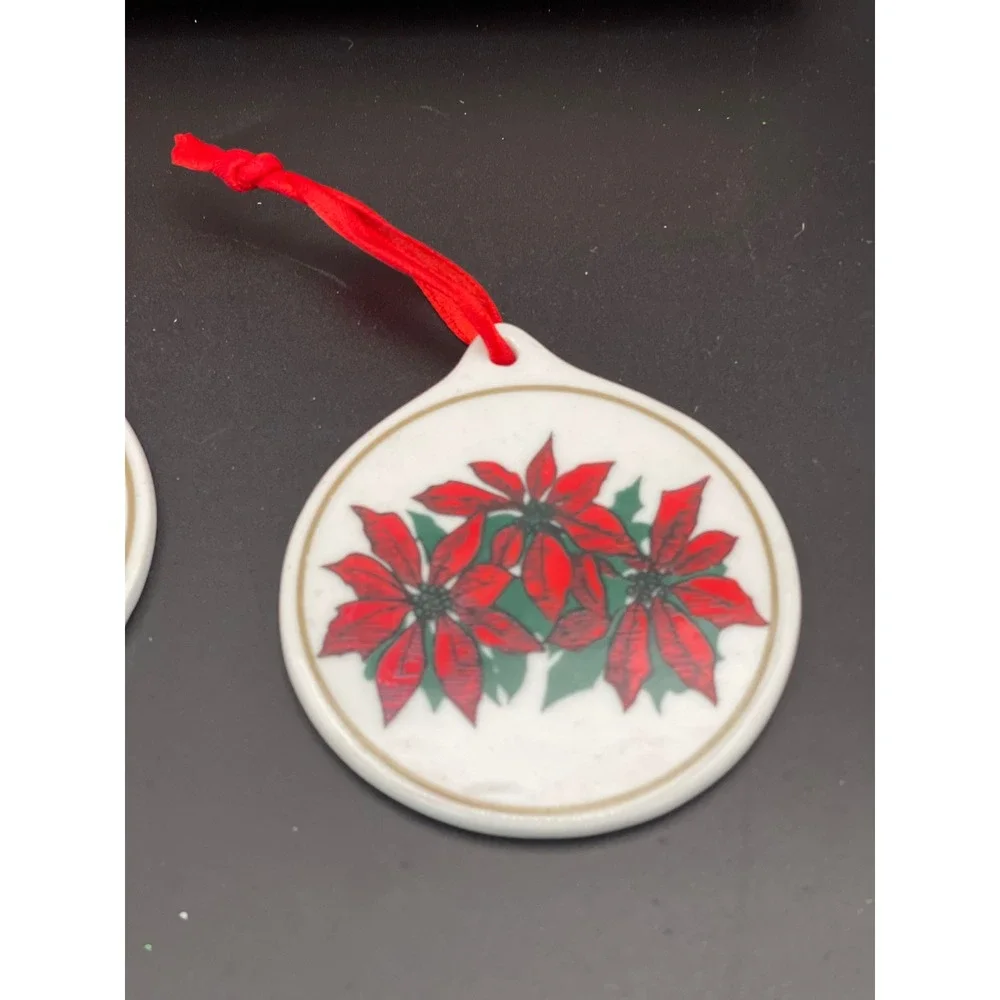 Sears‎ SRC Vintage Ceramic Christmas Ornaments Set 3 Wreath Horn Poinsettia Good